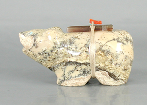Authentic Native American Bear Fetish Carving of fishrock fossil and Turquoise by Zuni artisan Juana Homer