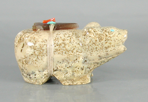 Authentic Native American Bear Fetish Carving of fishrock fossil and Turquoise by Zuni artisan Juana Homer
