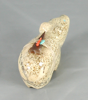 Authentic Native American Bear Fetish Carving of fishrock fossil and Turquoise by Zuni artisan Juana Homer