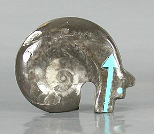 Authentic Native American Bear Fetish Carving of ammonite fossil and Turquoise by Zuni artisan Bernard Laiwakete