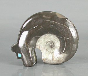 Authentic Native American Bear Fetish Carving of ammonite fossil and Turquoise by Zuni artisan Bernard Laiwakete