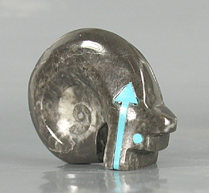 Authentic Native American Bear Fetish Carving of ammonite fossil and Turquoise by Zuni artisan Bernard Laiwakete