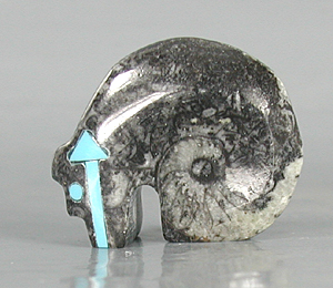 Authentic Native American Bear Fetish Carving of ammonite fossil and Turquoise by Zuni artisan Bernard Laiwakete