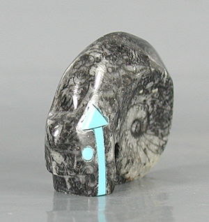 Authentic Native American Bear Fetish Carving of ammonite fossil and Turquoise by Zuni artisan Bernard Laiwakete