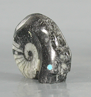 Authentic Native American Bear Fetish Carving of ammonite fossil and Turquoise by Zuni artisan Bernard Laiwakete