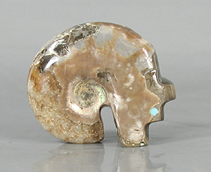 Authentic Native American Bear Fetish Carving of Ammolite fossil and Turquoise by Zuni artisan Bernard Laiwakete