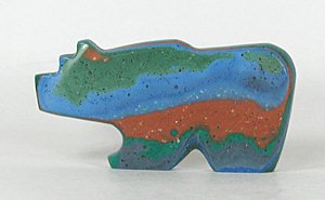 Authentic Zuni Bear Fetish carved from Rainbow Calsilica by Bernard Laiwakete - tip view