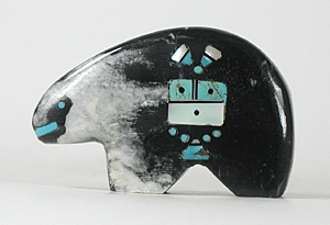 bear fetish carving of marble with inlaid kachina and heartline