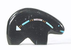 bear fetish carving of marble with inlaid kachina and heartline