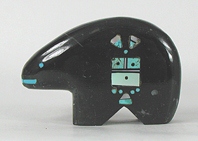 black marble Bear fetish carving with inlaid turquoise, coral, and mother of pearl
