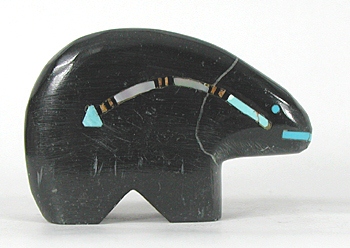 black marble Bear fetish carving with inlaid turquoise, coral, and mother of pearl