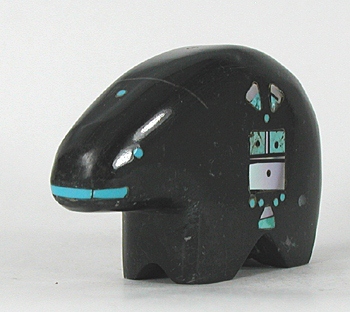 black marble Bear fetish carving with inlaid turquoise, coral, and mother of pearl