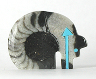 Authentic Native American Bear Fetish Carving of ammonite fossil and Turquoise by Zuni artisan Bernard Laiwakete