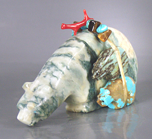 Authentic Native American serpentine triple Bear Fetish carving by Zuni artisans Farlan and Paulette Quam