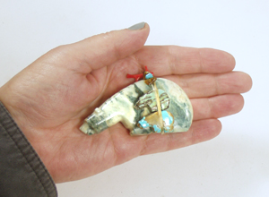 Authentic Native American serpentine triple Bear Fetish carving by Zuni artisans Farlan and Paulette Quam
