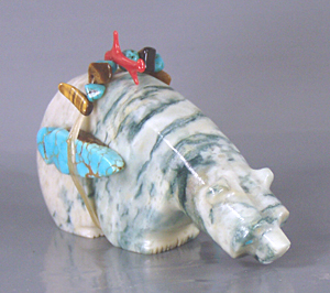 Authentic Native American serpentine triple Bear Fetish carving by Zuni artisans Farlan and Paulette Quam
