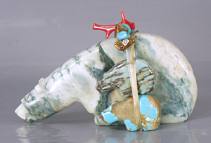 Authentic Native American serpentine triple Bear Fetish carving by Zuni artisans Farlan and Paulette Quam