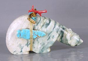 Authentic Native American serpentine triple Bear Fetish carving by Zuni artisans Farlan and Paulette Quam