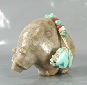 Authentic Native American Petosky Stone Bear Fetish carving by Zuni Farlan and Paulette Quam