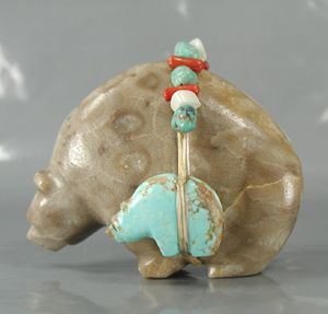 Authentic Native American Petosky Stone Bear Fetish carving by Zuni Farlan and Paulette Quam