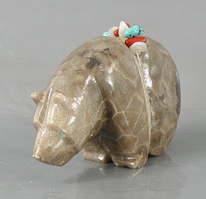 Authentic Native American Petosky Stone Bear Fetish carving by Zuni Farlan and Paulette Quam