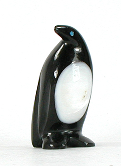 Authentic Native American Penguin fetish carving  by Zuni Calvert Bowannie of onyx and mother of pearl