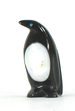 Authentic Native American Penguin fetish carving  by Zuni Calvert Bowannie of onyx and mother of pearl