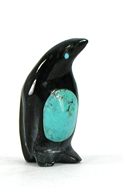 Authentic Native American Penguin fetish carving  by Zuni Calvert Bowannie of onyx and turquoise
