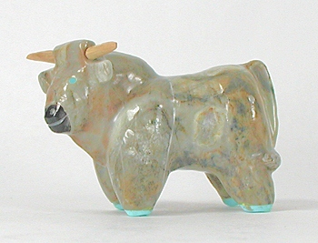 Authentic Native American Steer Fetish Carving of travertine by Zuni carver Freddie Leekya