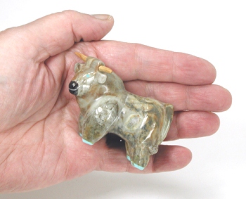 Authentic Native American Steer Fetish Carving of travertine by Zuni carver Freddie Leekya