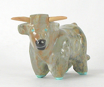 Authentic Native American Steer Fetish Carving of travertine by Zuni carver Freddie Leekya