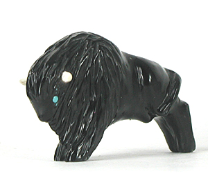 Bison Fetish Carving of Acoma jet with turquoise eyes and horns