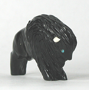 Bison Fetish Carving of Acoma jet with turquoise eyes and horns
