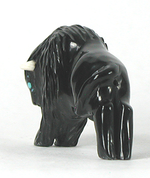 Bison Fetish Carving of Acoma jet with turquoise eyes and horns