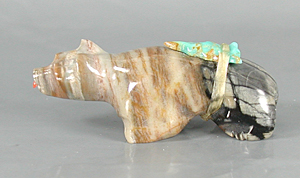 Authentic Native American Zuni Badger Fetish carving of Picasso marble by Rodney Peyketewa
