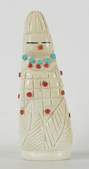 Authentic Native American Maiden Fetish Carving of dolomite, turquoise and coral by Zuni Michael Laweka