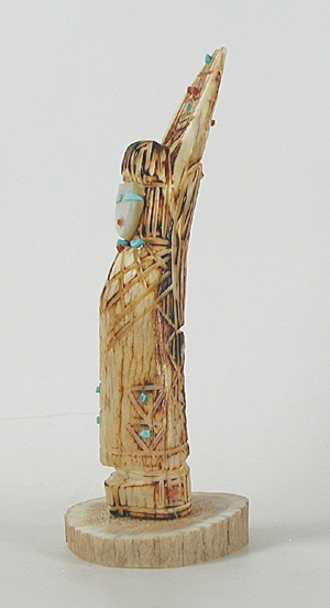 Authentic Native American Warriior Maiden Fetish Carving of antler with turquoise and coral by Zuni Jonathan Quam