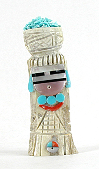 Authentic Native American Olla Maiden Carving of antler with coral and turquoise by Zuni artisan Amory Cellicion