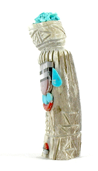 Authentic Native American Olla Maiden Carving of antler with coral and turquoise by Zuni artisan Amory Cellicion