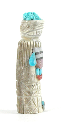Authentic Native American Olla Maiden Carving of antler with coral and turquoise by Zuni artisan Amory Cellicion