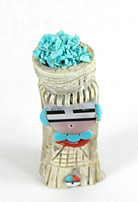 Authentic Native American Olla Maiden Carving of antler with coral and turquoise by Zuni artisan Amory Cellicion