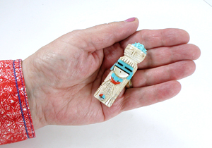 Authentic Native American Olla Maiden Carving of antler with coral and turquoise by Zuni artisan Amory Cellicion