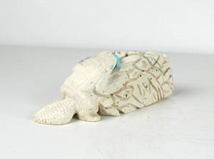 Authentic Native American Beaver and Lodge fetish carving by Zuni artisan Amos Pooacha