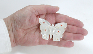 Authentic Native American Butterfly fetish carving of mother of pearl and coral by Zuni artisan Cheryl Beyuka