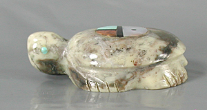 Authentic Native American Turtle Fetish Carving of marble with inlaid sunface by Zuni carver Daphne Neha