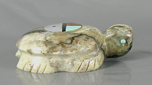 Authentic Native American Turtle Fetish Carving of marble with inlaid sunface by Zuni carver Daphne Neha