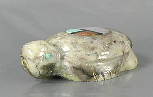 Authentic Native American Turtle Fetish Carving of marble with inlaid sunface by Zuni carver Daphne Neha