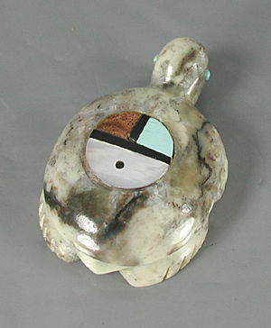 Authentic Native American Turtle Fetish Carving of marble with inlaid sunface by Zuni carver Daphne Neha