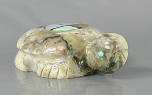Authentic Native American Turtle Fetish Carving of marble with inlaid sunface by Zuni carver Daphne Neha