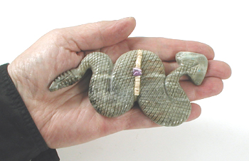 Authentic Native American rattlesnake Fetish Carving of Picasso marble with inlaid turquoise eyes and power spots by Zuni carver Farlan and Paulette Quam